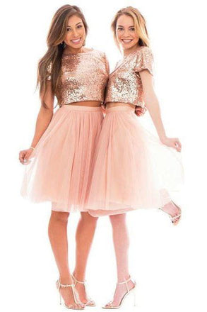 Two Piece Pink Bridesmaid Dresses Short Sleeve Knee Length Wedding Guest Dresses INO21