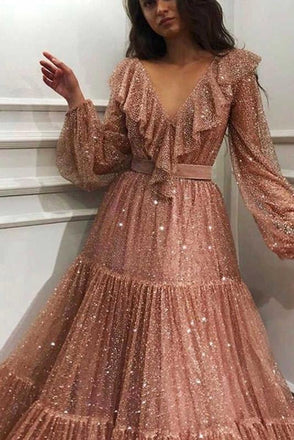 Sparkle V-neck Long Sleeves V-neck Pink Evening Prom Dresses with Ruffles INH92
