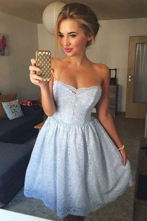 A-Line Strapless Light Blue Lace Short Homecoming Dresses INB80