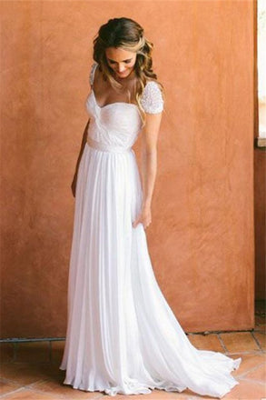 Cheap Sweetheart Beading Cap Sleeves Chiffon A-Line Pleats Wedding Dress IN772