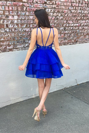 Cute A-line Lace Top Organza Skirt Royal Blue Tiered Short Homecoming Dresses INB73