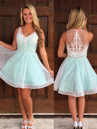 A-line V-neck White Fishing Net Lace Appliques Short Homecoming Dresses INB74