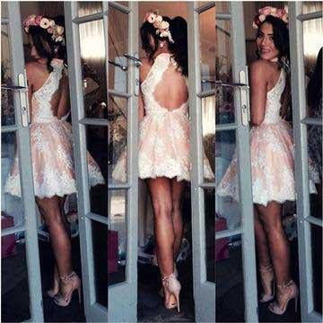 Cute A-line Halter Pink Short Homecoming Dresses Lace Appliques INA91