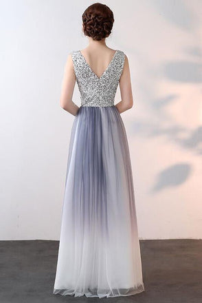 Unique Ombre Beaded A Line Long V Neck Sleeveless Prom Dress INA70