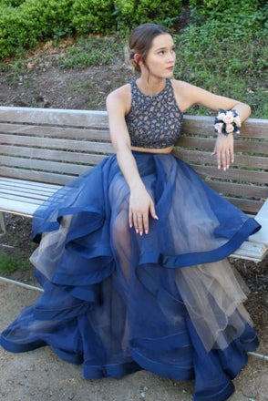 Elegant Two Pieces A-Line Blue Organza Long Prom Dresses With Beads INB20