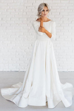 Simple White A-line Satin Sweep Train 3/4 Sleeve Backless Wedding Dresses IN740