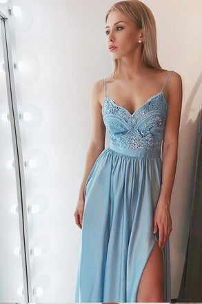 Simple A-Line Spaghetti Straps Blue Chiffon Long Prom Dress with Slit INB26