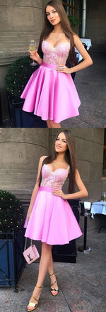 A-Line Spaghetti Straps Pink Satin Homecoming Dress with Appliques,Cheap Short Prom Dress INC37