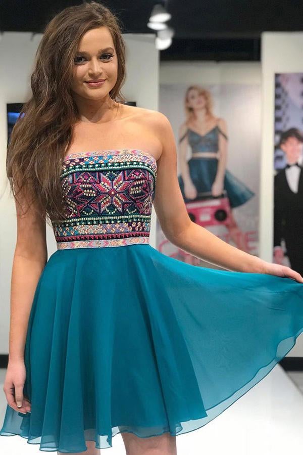 A-Line Strapless Embroidery Blue Chiffon Short Homecoming Dress,Sweet 16 Dresses INC47