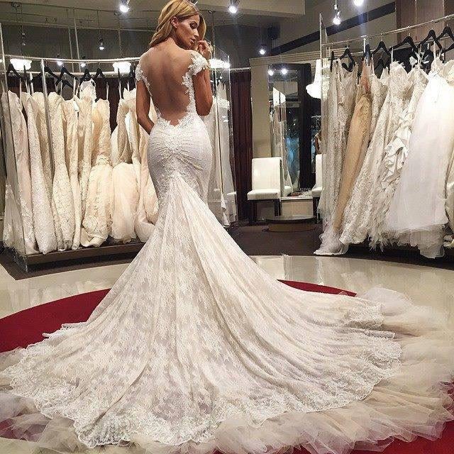 Sexy Mermaid Lace Wedding Dresses stunning Cap Sleeves Appliques Bridal Gowns IN106