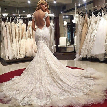 Sexy Mermaid Lace Wedding Dresses stunning Cap Sleeves Appliques Bridal Gowns IN106