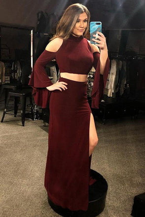 Two Piece Mermaid Cold Shoulder Long Sleeves Burgundy Prom Dress With Split INQ54