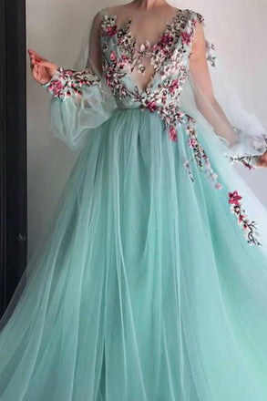 Princess Scoop Floral Appliques Long Puffy Sleeves Prom Dress INI31