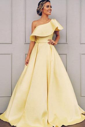 A Line One Shoulder Satin Yellow Simple Prom Dress With Ruched INK71
