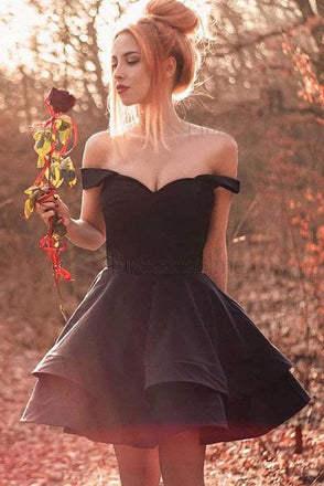 A Line Off The Shoulder Black Short Homecoming Dress INM10