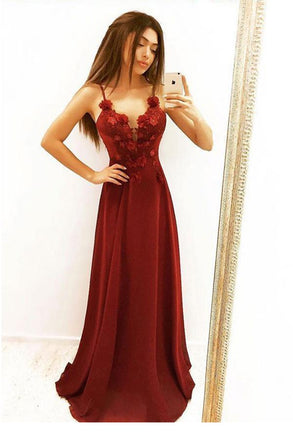 A Line Spaghetti Straps Flowers Burgundy Long Prom Dresses INJ37