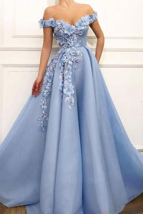 Blue Off Shoulder Flower Appliques A-line  Long Modest Beautiful Prom Dresses INH13