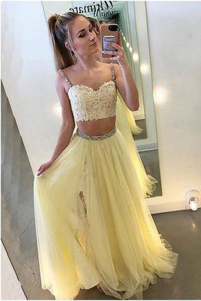 Sexy Two Pieces Yellow Tulle Straps A Line Long Prom Dress With Lace INB24