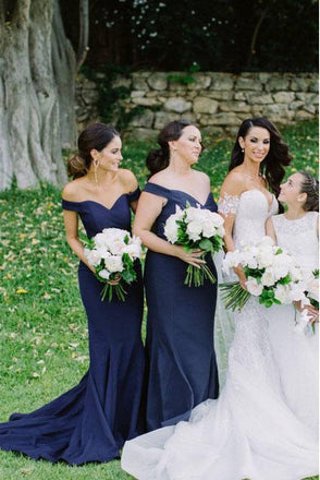 Mermaid Off-the-Shoulder Sweep Train Dark Blue Satin Bridesmaid Dresses INR30