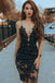 Sheath Spaghetti Straps Black Beaded Short Prom Dress with Lace INE10