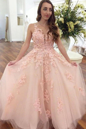 Elegant Pink Ball Gown Prom Dresses With Lace Appliques INO90