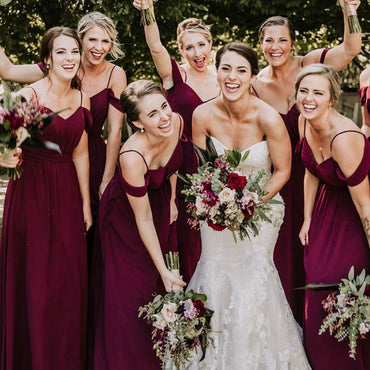 Spaghetti Straps Cheap Chiffon Off Shoulder Burgundy Bridesmaid Dresses ING61