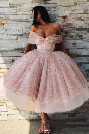 Off the Shoulder Sparkly Pink Tea Length Ball Gown Prom Dresses INI5