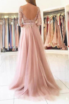 Elegant Half Sleeves Pink Tulle Long Lace Prom Dress with Slit IN607