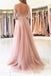 Elegant Half Sleeves Pink Tulle Long Lace Prom Dress with Slit IN607