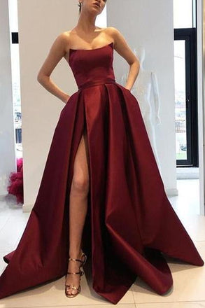 Burgundy Strapless A Line Long Satin Prom Dresses With Split INB47