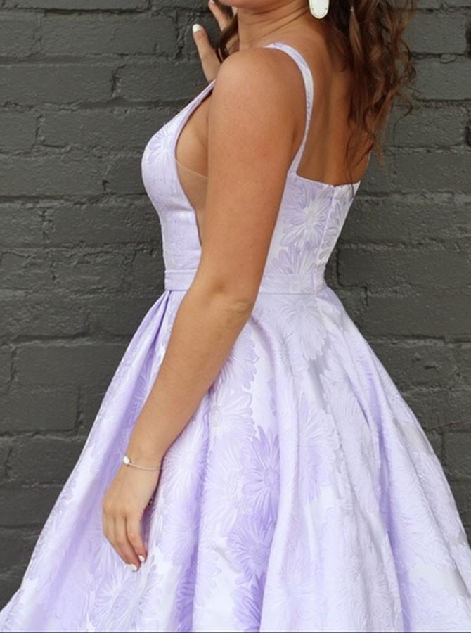 A-Line Floor-Length Lilac Printed Prom Dress, Simple Long Evening Dresses INJ12