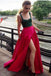 Two Piece A-Line Square Neck Fuchsia Satin Split Prom Dress With Green Top INF53