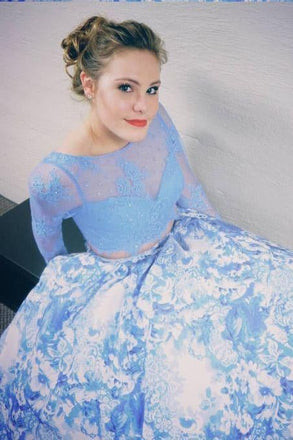 Two Piece Prom Dresses With Long Sleeves, White Blue Printed Prom Dresses INH51