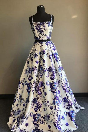 Cheap Long Two Piece A Line Floral Printed Straps Prom Dress INB92