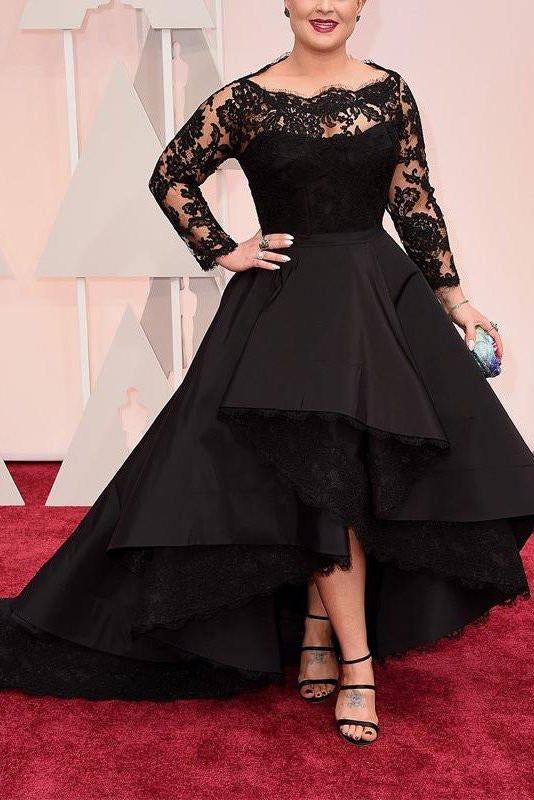 A-Line Bateau Long Sleeves Black Lace Asymmetrical Plus Size Prom Dresses INF42