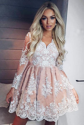 A-Line V-neck Long Sleeves Short Pink Homecoming Dress with Appliques INM19