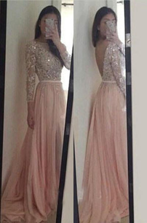 Blush Pink Long Sleeves Lace Backless Prom Dresses, Long Evening Dress IN135