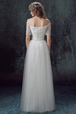 Simple Tulle Off Shoulder Floor-Length Short Sleeves A-line Lace Up Back Wedding Dress IN802