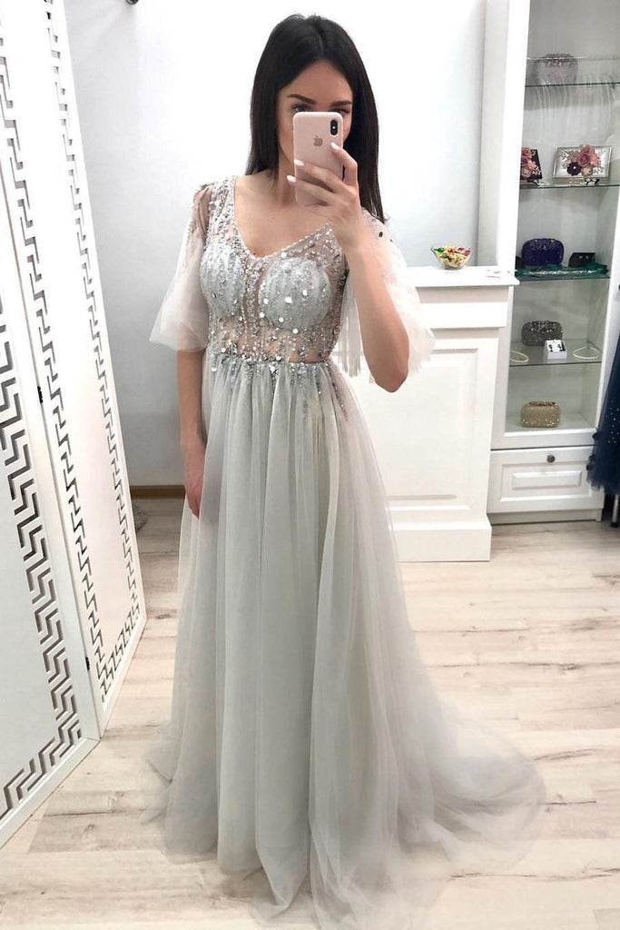 A Line V Neck Short Sleeves Prom Dresses, Long Tulle Prom Gown INK26
