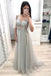 A Line V Neck Short Sleeves Prom Dresses, Long Tulle Prom Gown INK26