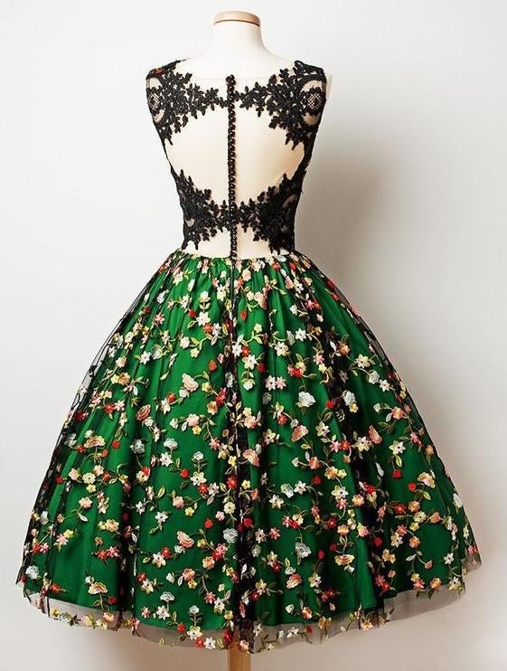 A-Line V-Neck Sleeveless Green Tulle Flower Lace Homecoming Dress IND93