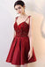 Burgundy V Neck A Line Satin Straps Short Homecoming Dresses INC30