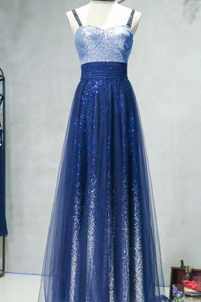A-line Spaghetti Strap Sleeveless Royal Blue Tulle Sequins Modest Long Prom Dress IN616