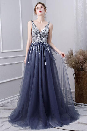 A Line V Neck Tulle Navy Blue Long Prom Dresses With Beading INL29
