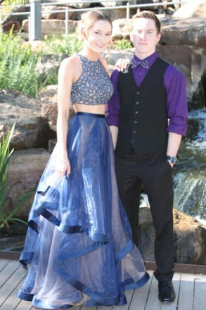 Elegant Two Pieces A-Line Blue Organza Long Prom Dresses With Beads INB20