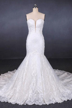 Mermaid Sweetheart Lace Appliques Long Cheap Wedding Dresses INQ10