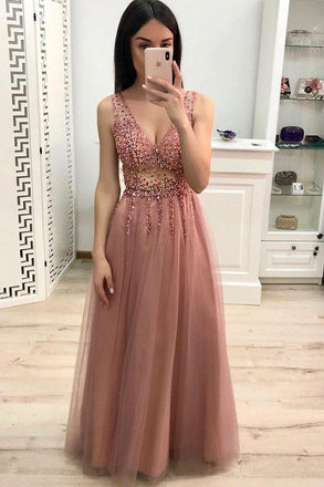 New A Line V Neck Beading Prom Dresses, Long Tulle Prom Dress INK23