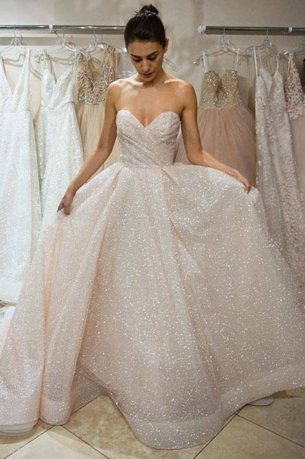 A-Line Sweetheart Ivory Lace Sparklely Wedding Dresses with Sequins INR16