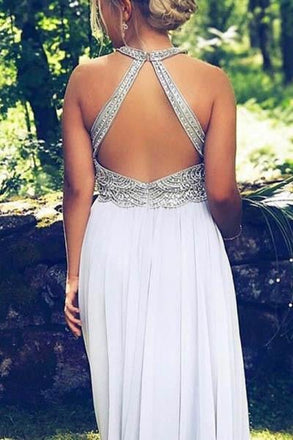 A Line Chiffon Beaded Sleeveless Long Open Back Prom Dresses INH25