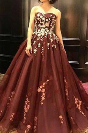 Strapless Burgundy Sleeveless Long Prom Dress with Appliques INH36